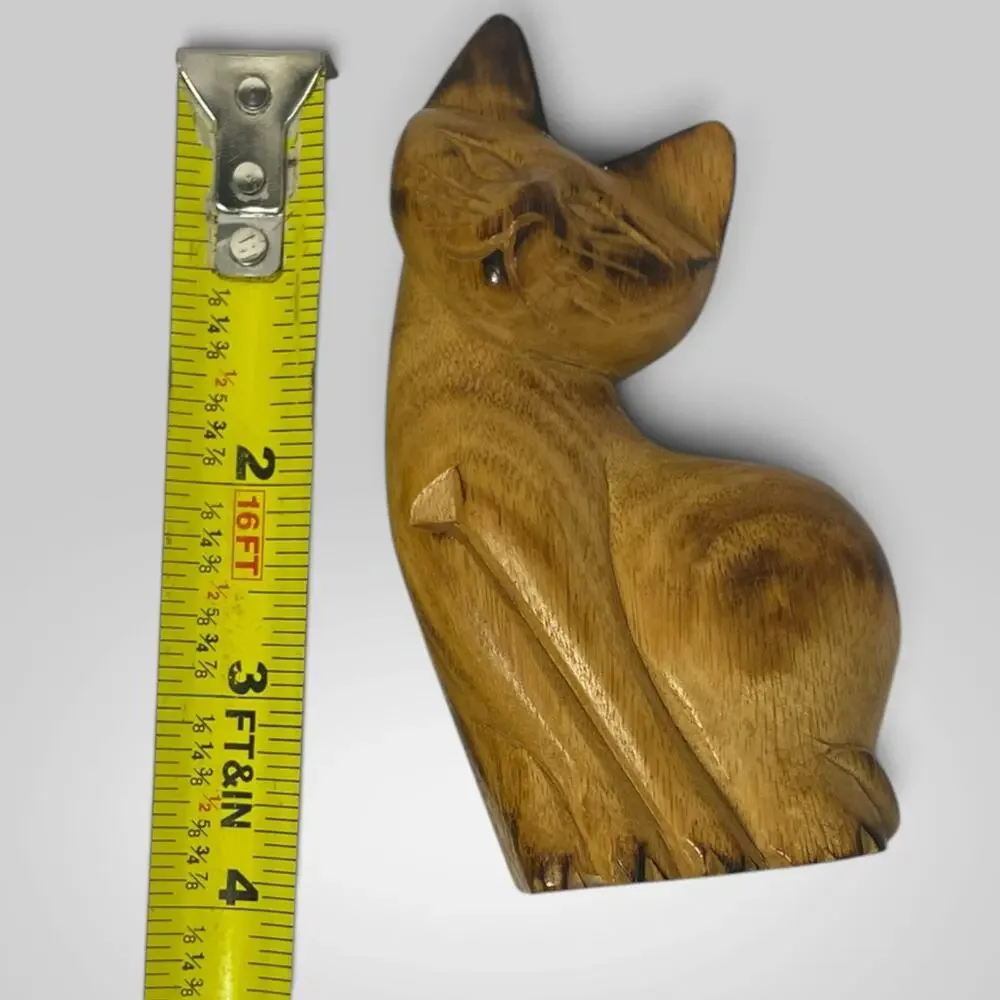 Vintage Small Hand Carved Wood Cat Figurine Folk Art Siamese Kitty